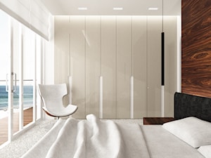 Gdynia - Średnia biała brązowa sypialnia z balkonem / tarasem, styl nowoczesny - zdjęcie od LIVING BOX