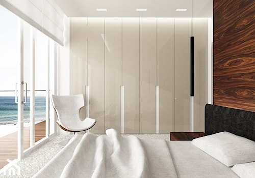 Gdynia - Średnia biała brązowa sypialnia z balkonem / tarasem, styl nowoczesny - zdjęcie od LIVING BOX