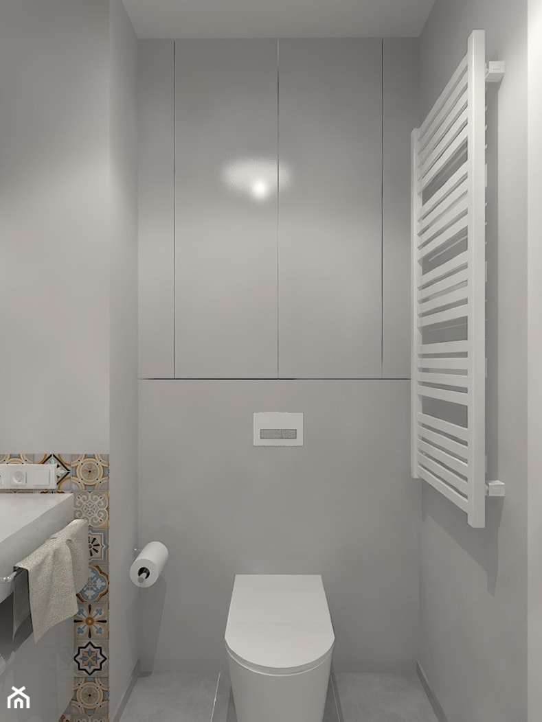 Monochromatyczna aranżacja wnętrza w kolorze szarym - Mała na poddaszu bez okna łazienka, styl minimalistyczny - zdjęcie od LIVING BOX - Homebook