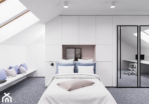 Dom udomowiony - Duża biała sypialnia na poddaszu, styl nowoczesny - zdjęcie od LIVING BOX