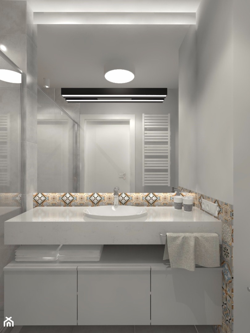 Monochromatyczna aranżacja wnętrza w kolorze szarym - Mała na poddaszu bez okna łazienka, styl minimalistyczny - zdjęcie od LIVING BOX