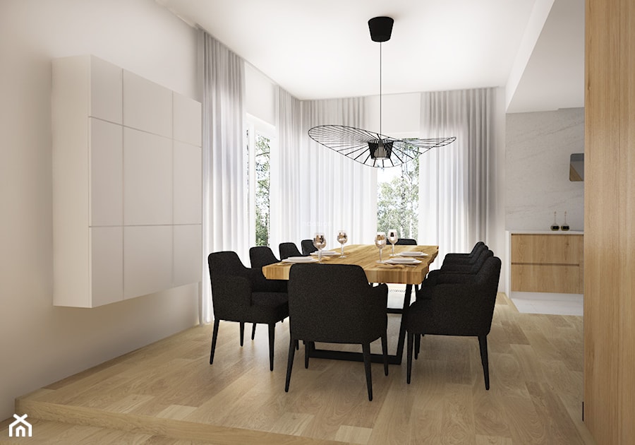Dom z kominkiem w roli głównej - Duża biała jadalnia jako osobne pomieszczenie, styl nowoczesny - zdjęcie od LIVING BOX