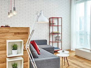 59 m2 na nowo - Mały biały salon z tarasem / balkonem z bibiloteczką, styl skandynawski - zdjęcie od LIVING BOX