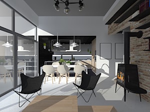 Urbanowicz 09 Dom Tychy - Mały biały salon z kuchnią z jadalnią, styl industrialny - zdjęcie od Urbanowicz Studio Architektury