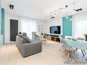 Apartament Wrocław - Średni biały niebieski salon z jadalnią, styl nowoczesny - zdjęcie od JN STUDIO JOANNA NAWROCKA