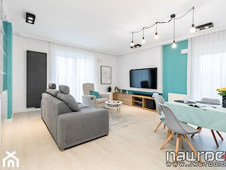 Aranżacje wnętrz - Salon: Apartament Wrocław - Średni biały niebieski salon z jadalnią, styl nowoczesny - JN STUDIO JOANNA NAWROCKA. Przeglądaj, dodawaj i zapisuj najlepsze zdjęcia, pomysły i inspiracje designerskie. W bazie mamy już prawie milion fotografii!