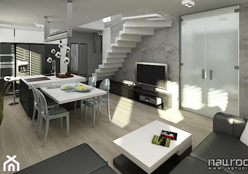 Apartament czarno biały - Średnia otwarta z salonem kuchnia jednorzędowa z wyspą lub półwyspem, styl minimalistyczny - zdjęcie od JN STUDIO JOANNA NAWROCKA
