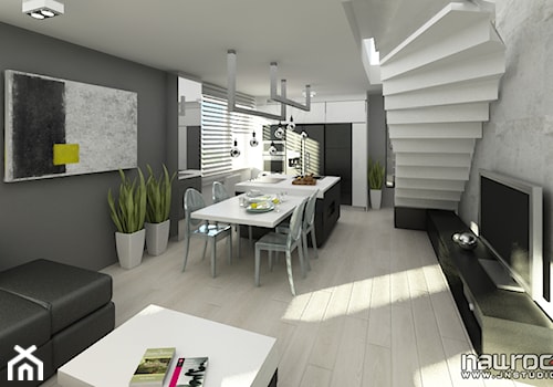 Apartament czarno biały - Mały szary salon z kuchnią z jadalnią, styl nowoczesny - zdjęcie od JN STUDIO JOANNA NAWROCKA