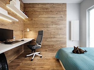 Mieszkanie kolorowe - Średnia brązowa szara z biurkiem sypialnia, styl skandynawski - zdjęcie od JN STUDIO JOANNA NAWROCKA