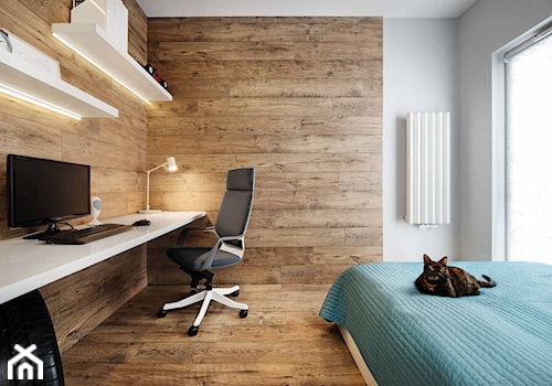 Mieszkanie kolorowe - Średnia brązowa szara z biurkiem sypialnia, styl skandynawski - zdjęcie od JN STUDIO JOANNA NAWROCKA