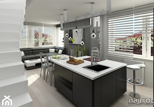 Apartament czarno biały - Średnia biała szara jadalnia w salonie w kuchni, styl nowoczesny - zdjęcie od JN STUDIO JOANNA NAWROCKA