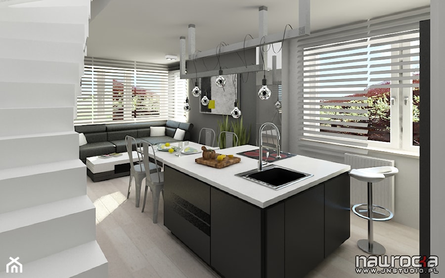 Apartament czarno biały - Średnia biała szara jadalnia w salonie w kuchni, styl nowoczesny - zdjęcie od JN STUDIO JOANNA NAWROCKA
