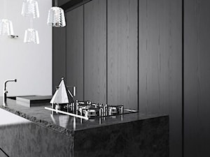 proste formy/inspiracje pozyskane z Pinterest - Średnia otwarta z kamiennym blatem biała z zabudowaną lodówką z podblatowym zlewozmywakiem kuchnia dwurzędowa, styl minimalistyczny - zdjęcie od Maison Studio - Architektura Wnetrz. Żaklina Litwa