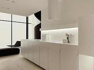 proste formy/inspiracje pozyskane z Pinterest - Średnia otwarta z kamiennym blatem biała z zabudowaną lodówką kuchnia jednorzędowa z oknem, styl nowoczesny - zdjęcie od Maison Studio - Architektura Wnetrz. Żaklina Litwa