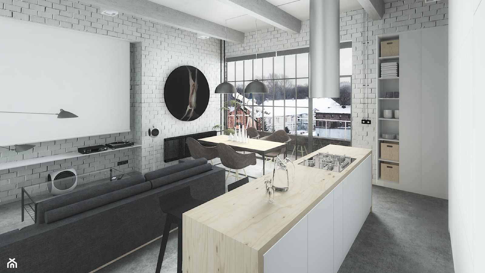 LOFT w Gliwicach - Mały biały salon z kuchnią z jadalnią, styl industrialny - zdjęcie od POZÓR - Homebook