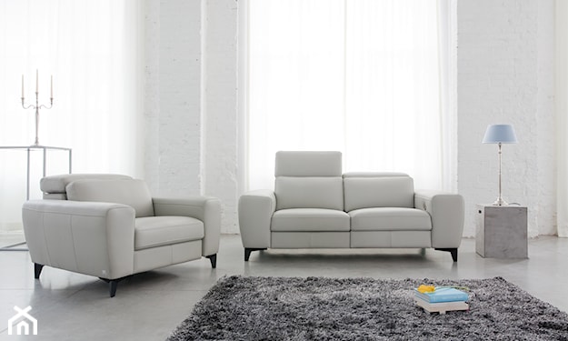 biała sofa i szary puszysty dywan