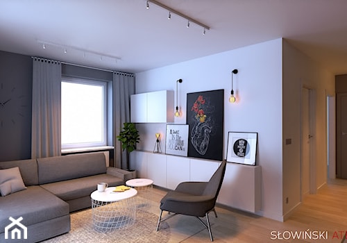 Mieszkanie dla pary w Łodzi - Mały czarny szary salon, styl nowoczesny - zdjęcie od Atelier Słowiński