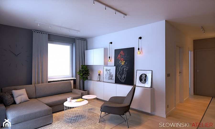 Mieszkanie dla pary w Łodzi - Mały czarny szary salon, styl nowoczesny - zdjęcie od Atelier Słowiński