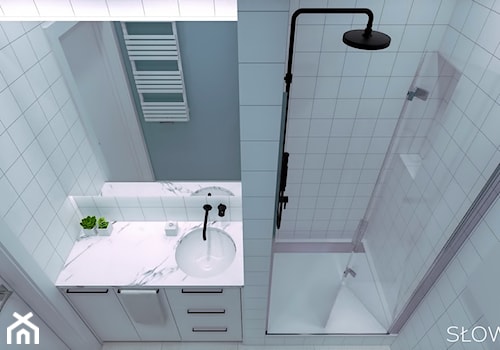 Mieszkanie inspirowane BAUHAUS'em - Mała bez okna z lustrem łazienka, styl minimalistyczny - zdjęcie od Atelier Słowiński