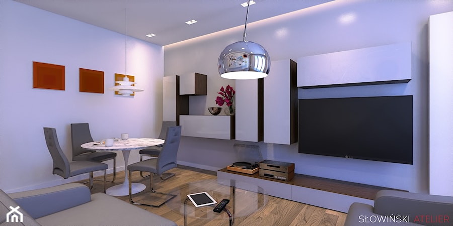 Mieszkanie inspirowane BAUHAUS'em - Średni szary salon z jadalnią, styl minimalistyczny - zdjęcie od Atelier Słowiński
