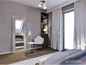 Sypialnia na poddaszu - Średnia szara sypialnia z balkonem / tarasem, styl nowoczesny - zdjęcie od Atelier Słowiński