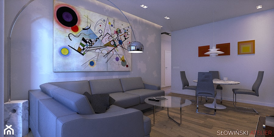 Mieszkanie inspirowane BAUHAUS'em - Mały szary salon z jadalnią, styl minimalistyczny - zdjęcie od Atelier Słowiński