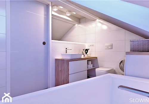 Łazienka na poddaszu - Mała na poddaszu z pralką / suszarką z punktowym oświetleniem łazienka z oknem, styl nowoczesny - zdjęcie od Atelier Słowiński