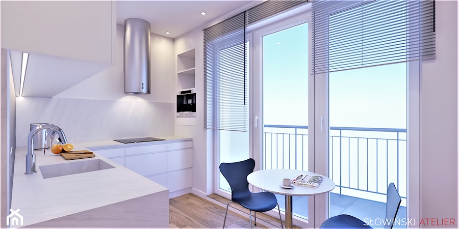 Mieszkanie inspirowane BAUHAUS'em - Średnia zamknięta z salonem biała z zabudowaną lodówką z podblatowym zlewozmywakiem kuchnia w kształcie litery l z oknem z marmurem nad blatem kuchennym, styl minimalistyczny - zdjęcie od Atelier Słowiński
