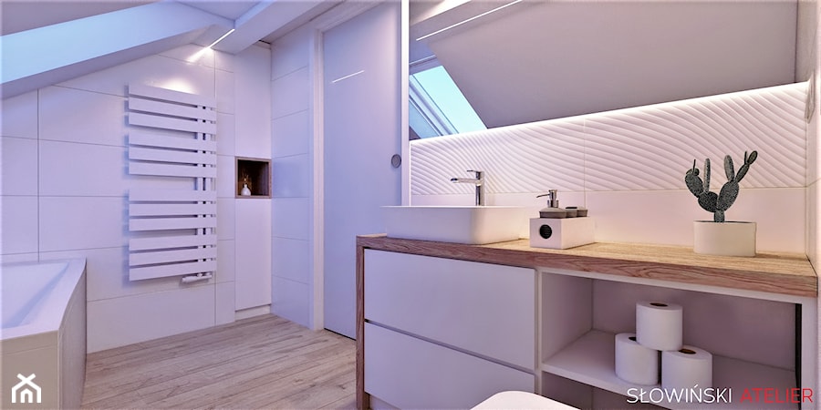 Łazienka na poddaszu - Średnia na poddaszu z lustrem łazienka z oknem, styl nowoczesny - zdjęcie od Atelier Słowiński
