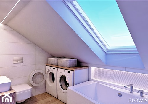 Łazienka na poddaszu - Średnia na poddaszu z pralką / suszarką z lustrem z punktowym oświetleniem łazienka z oknem, styl nowoczesny - zdjęcie od Atelier Słowiński