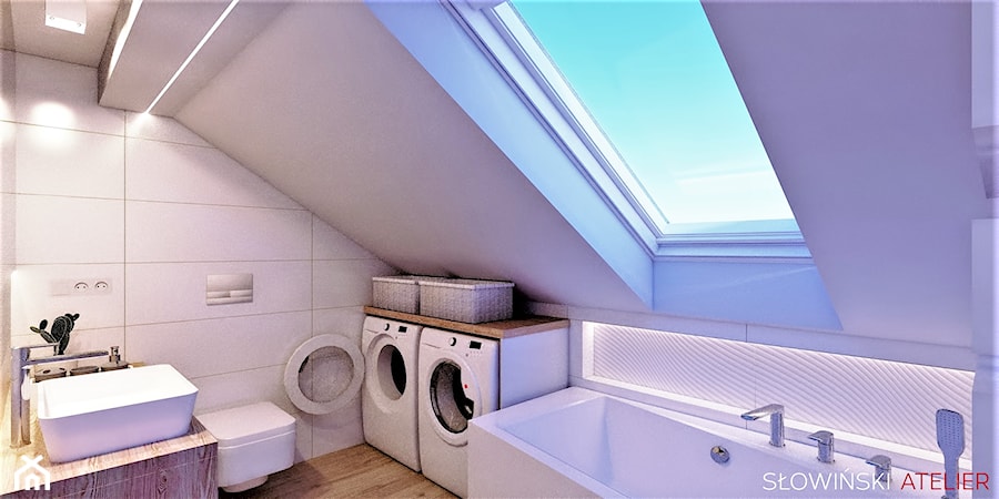 Łazienka na poddaszu - Średnia na poddaszu z pralką / suszarką z lustrem z punktowym oświetleniem łazienka z oknem, styl nowoczesny - zdjęcie od Atelier Słowiński