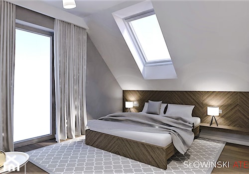 Sypialnia na poddaszu - Duża biała szara sypialnia na poddaszu z balkonem / tarasem, styl nowoczesny - zdjęcie od Atelier Słowiński