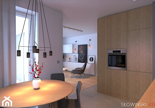 Mieszkanie dla pary w Łodzi - Średnia otwarta biała szara z zabudowaną lodówką kuchnia w kształcie litery l z oknem, styl nowoczesny - zdjęcie od Atelier Słowiński