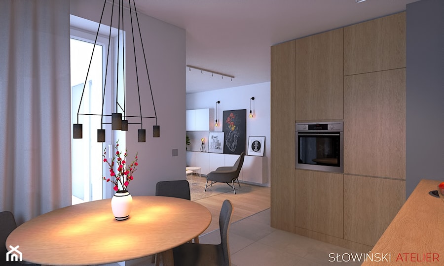 Mieszkanie dla pary w Łodzi - Średnia otwarta biała szara z zabudowaną lodówką kuchnia w kształcie litery l z oknem, styl nowoczesny - zdjęcie od Atelier Słowiński
