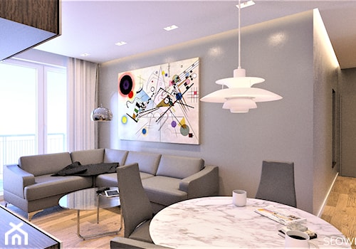 Mieszkanie inspirowane BAUHAUS'em - Mały szary salon z jadalnią z tarasem / balkonem, styl minimalistyczny - zdjęcie od Atelier Słowiński