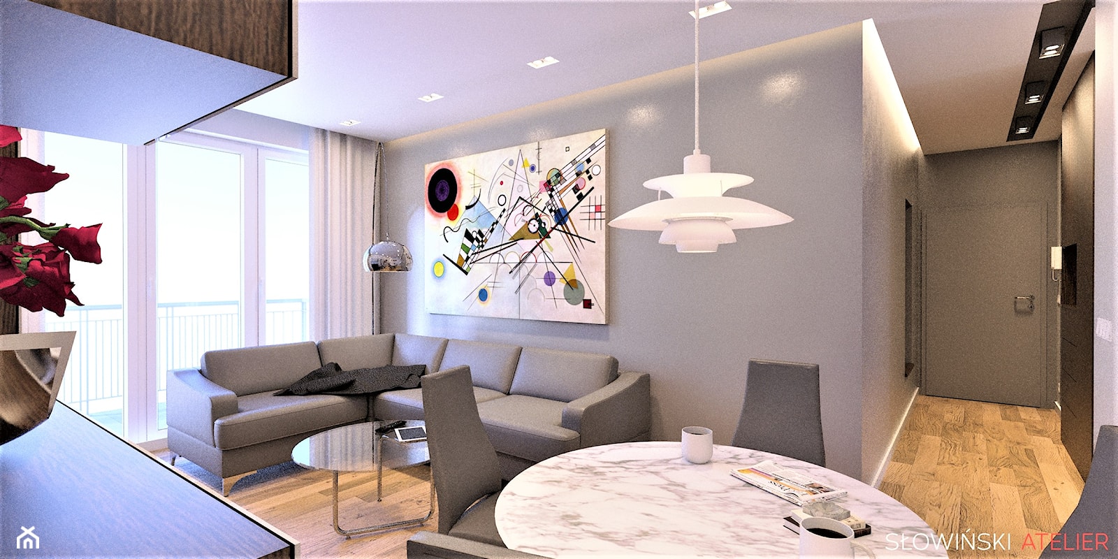 Mieszkanie inspirowane BAUHAUS'em - Mały szary salon z jadalnią z tarasem / balkonem, styl minimalistyczny - zdjęcie od Atelier Słowiński - Homebook