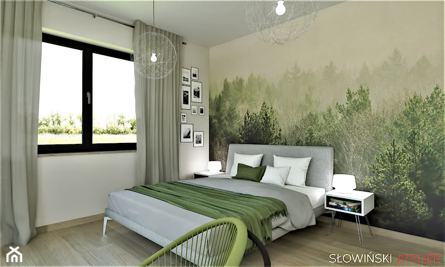 Sypialnia z widokiem na las - Średnia beżowa z biurkiem sypialnia, styl skandynawski - zdjęcie od Atelier Słowiński