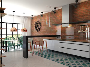 87 m2 - Duża z salonem biała brązowa z podblatowym zlewozmywakiem kuchnia jednorzędowa, styl industrialny - zdjęcie od ADV Design