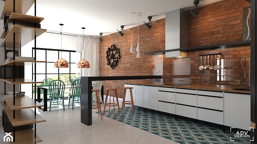 87 m2 - Duża z salonem biała brązowa z podblatowym zlewozmywakiem kuchnia jednorzędowa, styl industrialny - zdjęcie od ADV Design