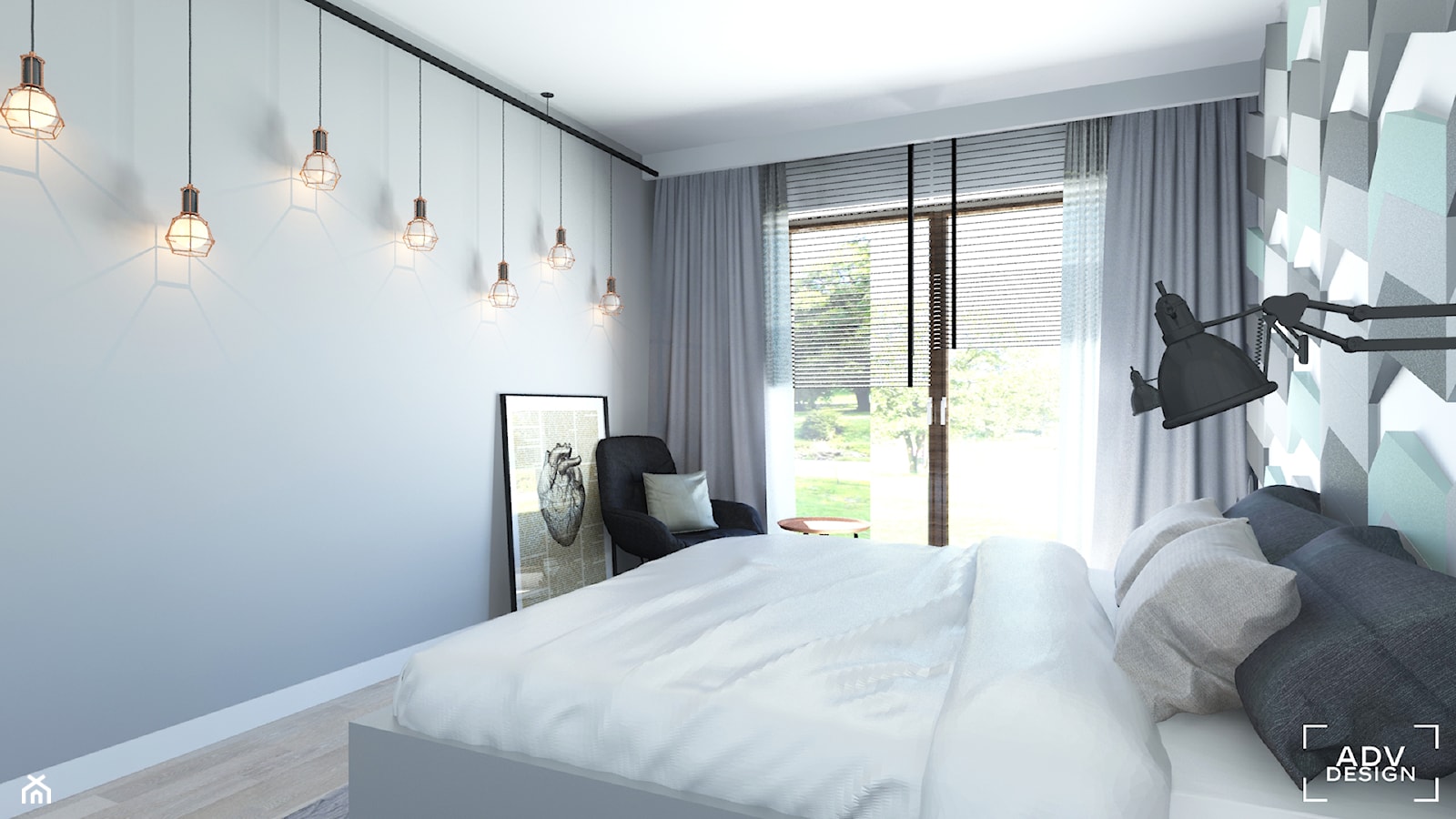 63 m2 - Średnia szara z panelami tapicerowanymi sypialnia, styl nowoczesny - zdjęcie od ADV Design - Homebook