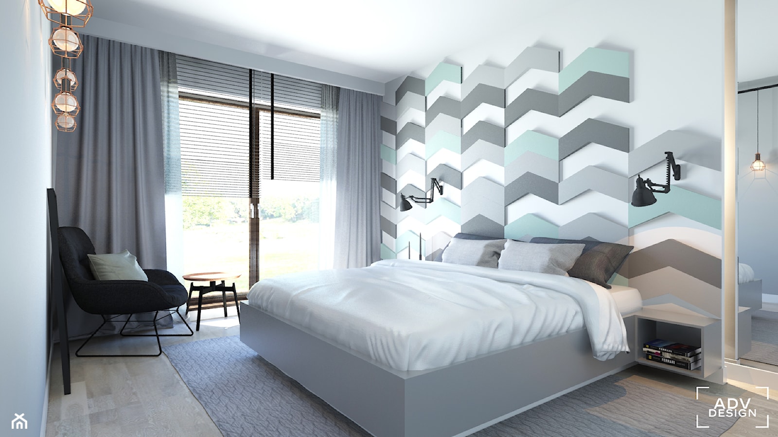 63 m2 - Średnia biała z panelami tapicerowanymi sypialnia z balkonem / tarasem, styl nowoczesny - zdjęcie od ADV Design - Homebook