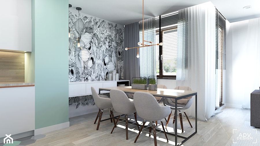 63 m2 - Średnia miętowa jadalnia w salonie, styl nowoczesny - zdjęcie od ADV Design