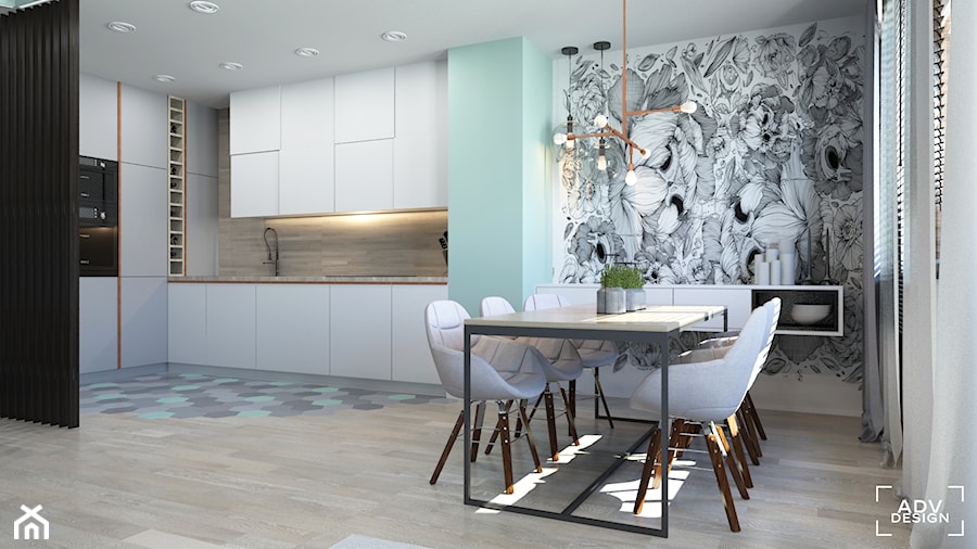 63 m2 - Średnia miętowa jadalnia w kuchni, styl nowoczesny - zdjęcie od ADV Design
