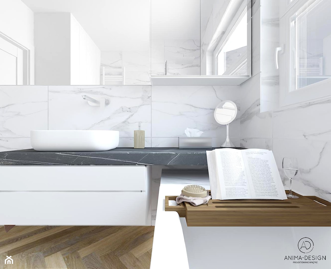 Łazienka z jasnymi ścianami i podłogą w kolorze drewna - zdjęcie od ANIMA-DESIGN - Homebook