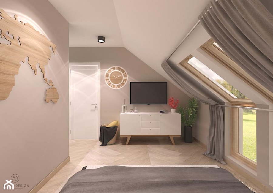 Sypialnia z drewnianą mapą świata - zdjęcie od ANIMA-DESIGN