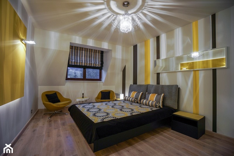 Malutki apartament nowoczesny z żółtym akcentem - Sypialnia, styl nowoczesny - zdjęcie od STUDIO FORMY BIURO ARCHITEKTONICZNE AGNIESZKA BURZYKOWSKA- WALKOSZ