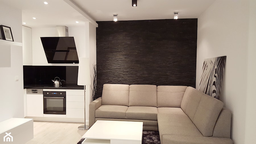 projekt 12 - Mały biały czarny salon z kuchnią, styl minimalistyczny - zdjęcie od Project Art Joanna Lipowska