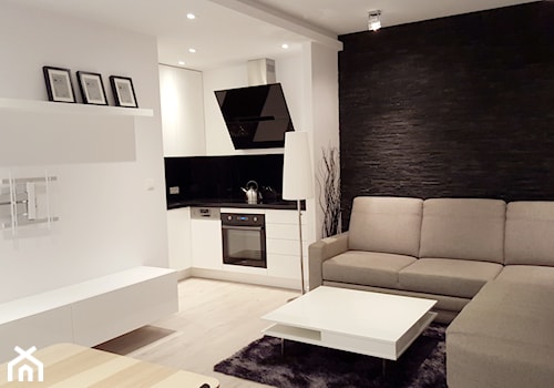 projekt 12 - Mały biały czarny salon z kuchnią z jadalnią, styl minimalistyczny - zdjęcie od Project Art Joanna Lipowska