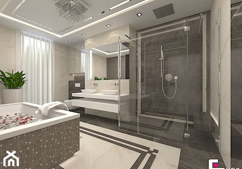 DOM Z ANTRESOLĄ - Duża na poddaszu z dwoma umywalkami z punktowym oświetleniem łazienka z oknem, styl glamour - zdjęcie od CUBE Interior Design