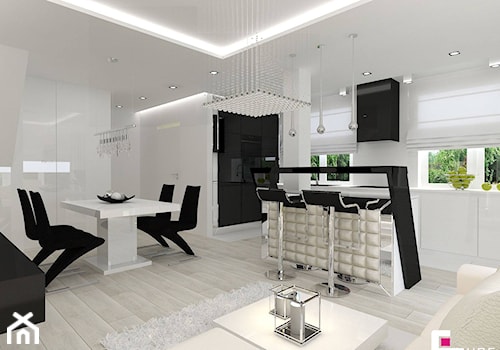 Dom w Markach - Średnia otwarta z salonem biała z zabudowaną lodówką kuchnia w kształcie litery l z wyspą lub półwyspem z oknem, styl nowoczesny - zdjęcie od CUBE Interior Design